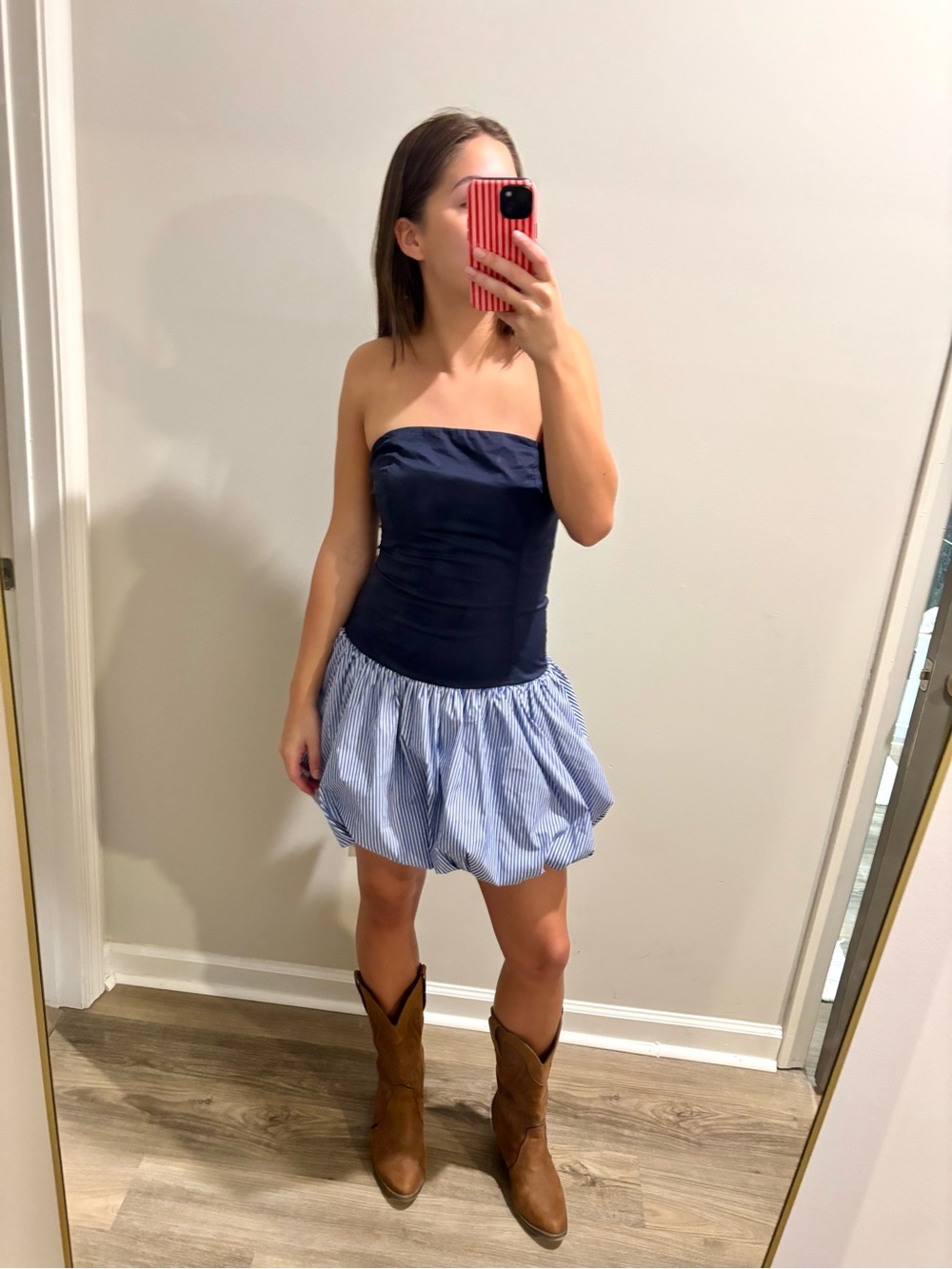 Fore Collection Strapless Navy & Light Blue Bubble Hem Dress —Ole Miss Game-Day!